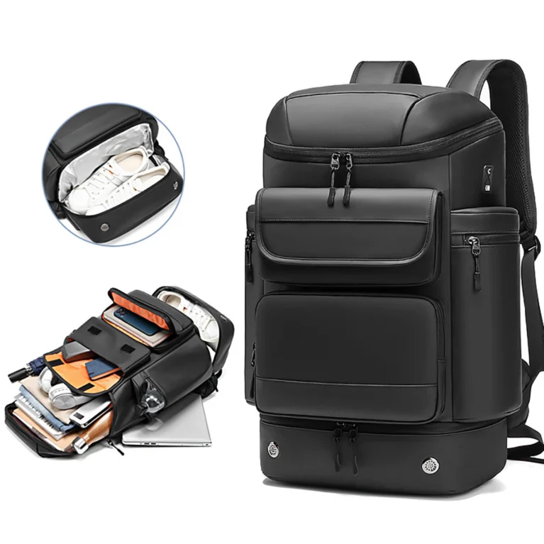 Rucsac Calatorie, Impermeabil, Ghiozdan Voiaj, Anti-transpiratie, Port pentru Incarcare USB, Multifunctional, Compartiment pentru Incaltaminte, Laptop 17 inch, Haine, Accesorii, Capacitate Mare 45 L, Negru mat