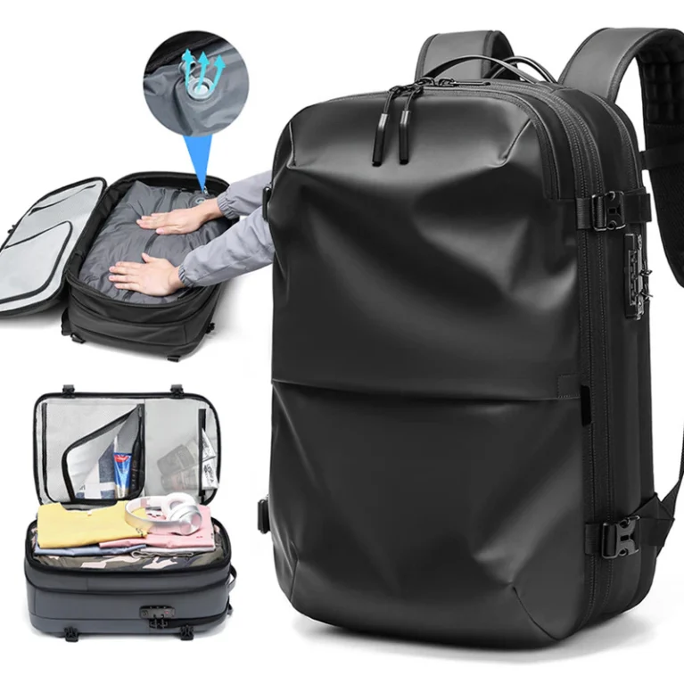 Rucsac Voiaj cu Vacuum, Multifunctional, Impermeabil, Extensibil, Cifru Anti-Furt pentru Laptop, Impermeabil Rezistent la Apa, Buzunare Multiple, Ghizdan Calatorii, Bretele Reglabile si Respirabile, Capacitate 25-60 L, Negru